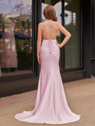 Helaina | Plunge Neck Light Pink Mermaid Satin Long Prom Dress - KissProm