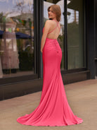 Helaina | Plunge Neck Light Pink Mermaid Satin Long Prom Dress - KissProm