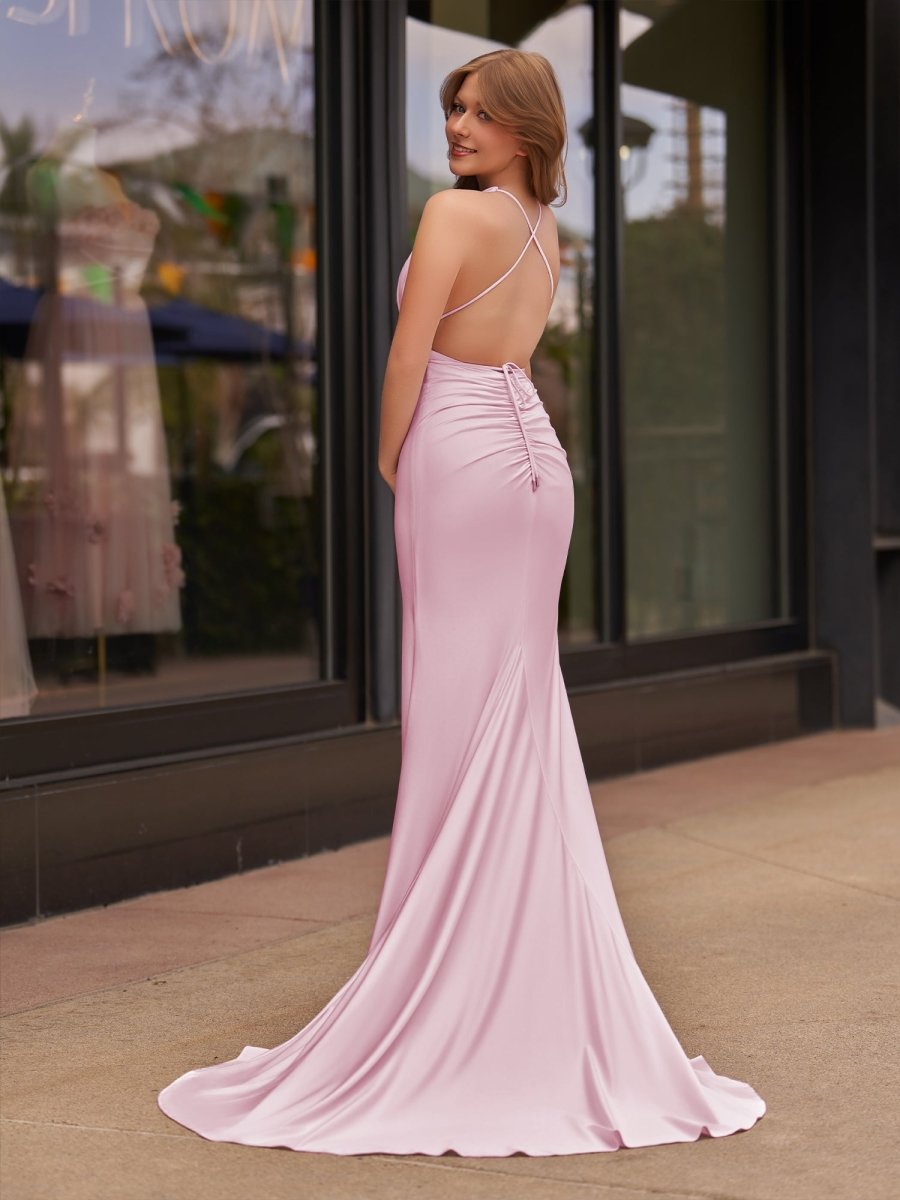 Helaina | Plunge Neck Light Pink Mermaid Satin Long Prom Dress - KissProm
