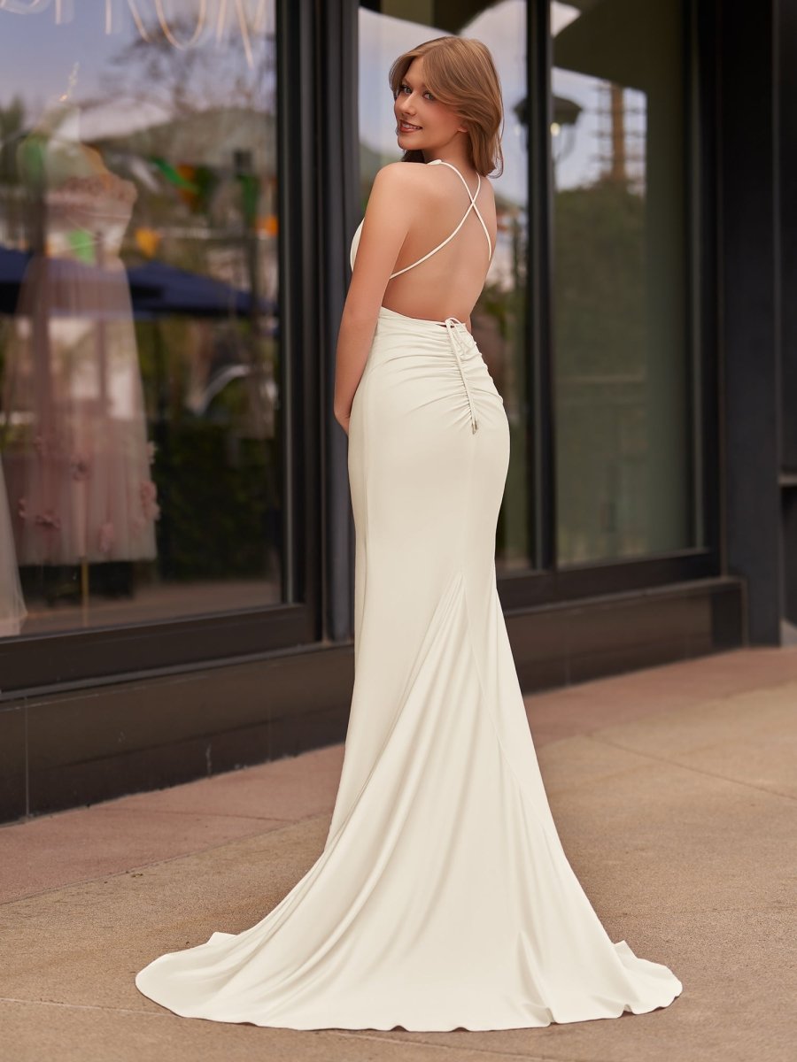 Helaina | Plunge Neck Light Pink Mermaid Satin Long Prom Dress - KissProm