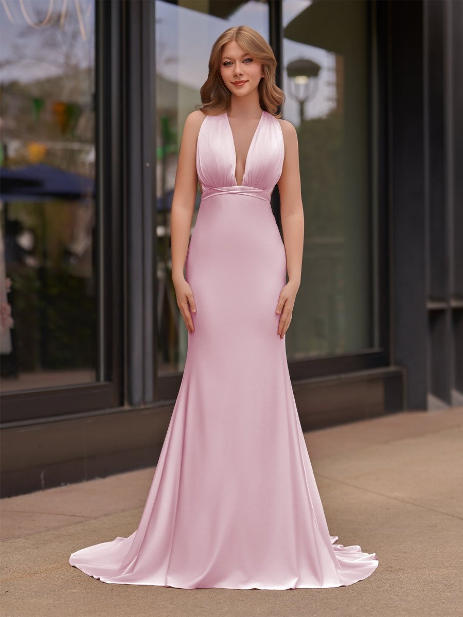 Helaina | Plunge Neck Light Pink Mermaid Satin Long Prom Dress - KissProm