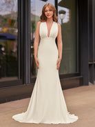 Helaina | Plunge Neck Light Pink Mermaid Satin Long Prom Dress - KissProm