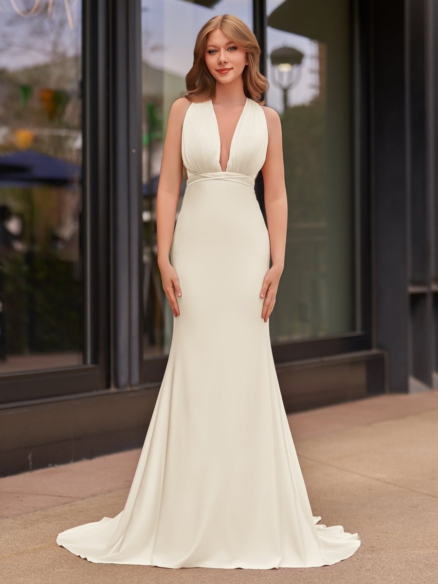 Helaina | Plunge Neck Light Pink Mermaid Satin Long Prom Dress - KissProm