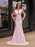 Helaina | Plunge Neck Light Pink Mermaid Satin Long Prom Dress - KissProm