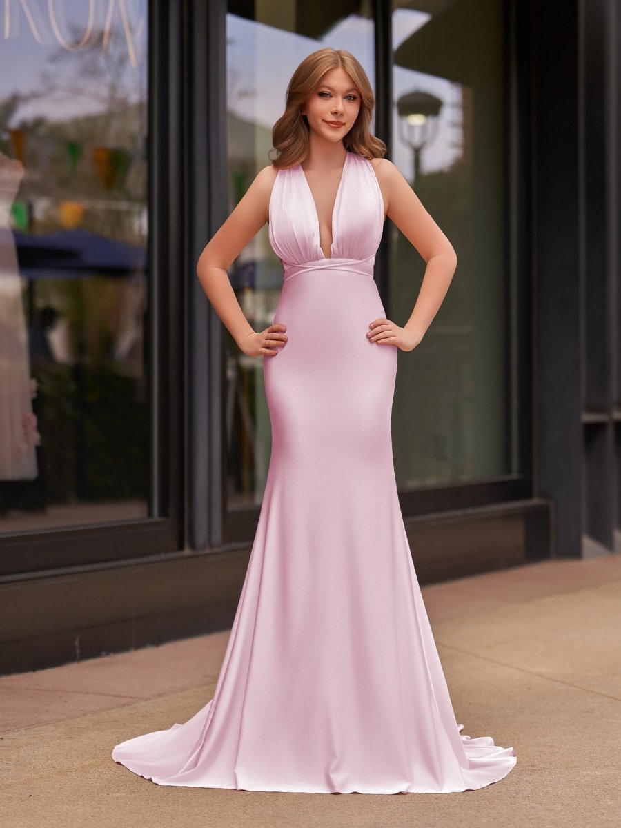 Helaina | Plunge Neck Light Pink Mermaid Satin Long Prom Dress - KissProm