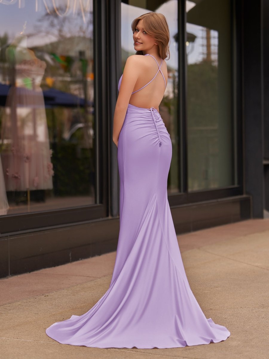 Helaina | Plunge Neck Light Pink Mermaid Satin Long Prom Dress - KissProm