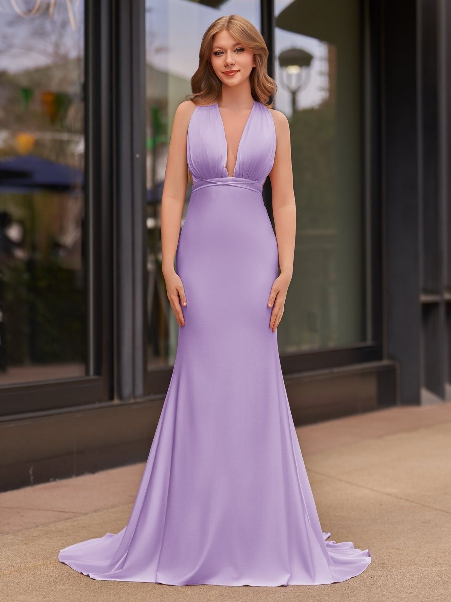 Helaina | Plunge Neck Light Pink Mermaid Satin Long Prom Dress - KissProm