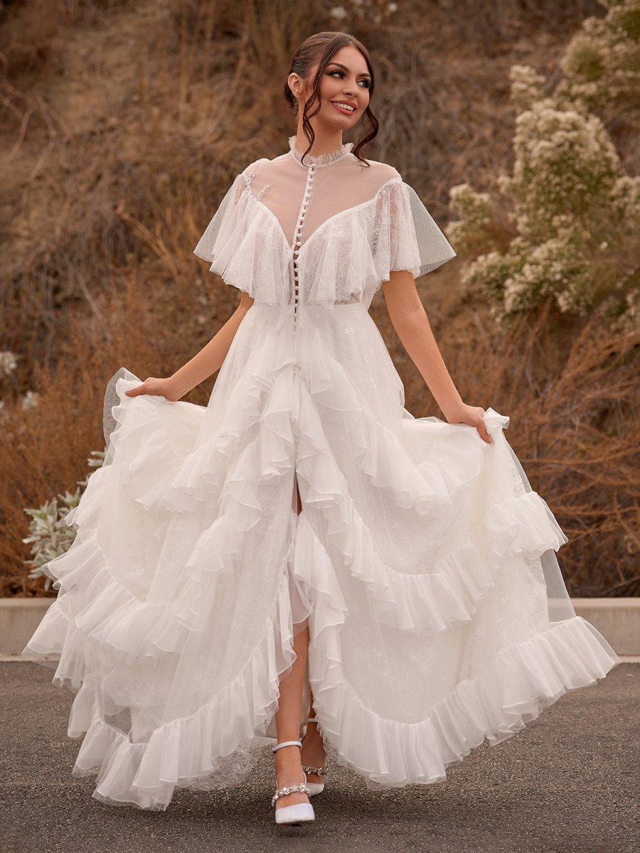 Nerina | High Split A-Line See-through Short Sleeves Ruffle Tulle Wedd KissDress Nerina | High Split A-Line See-through Short Sleeves Ruffle Tulle Wedd KissDress