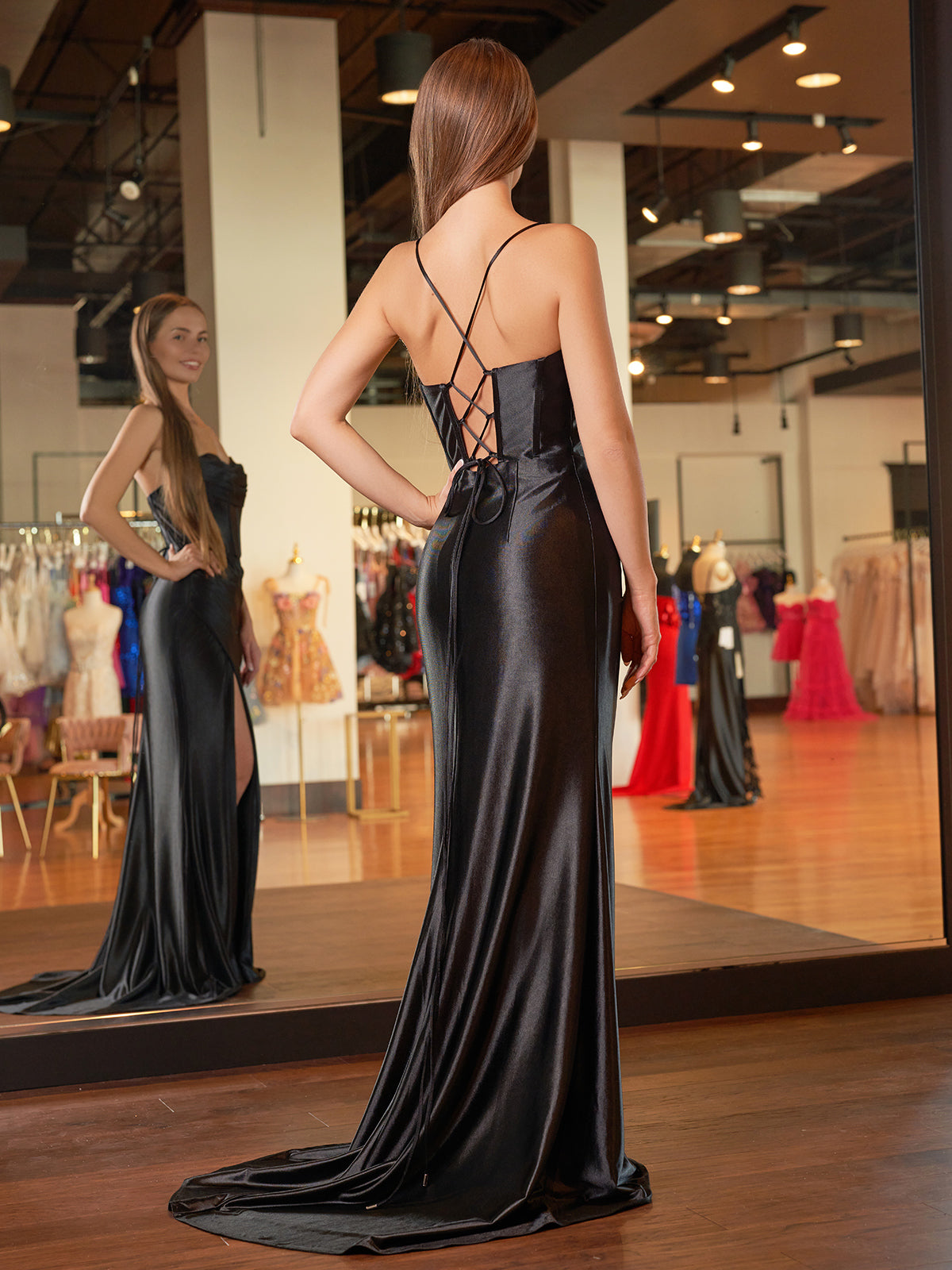 Fuchsia Spaghetti Straps Satin Mermaid Prom Dress With Slit