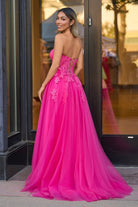 Amora | Hot Pink A - Line Tulle Lace Strapless Long Prom Dress - KissProm