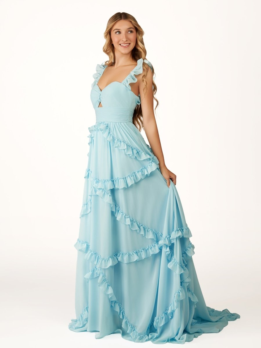 Hubery | A - Line Straps Sky Blue Chiffon Ruffles Long Prom Dress - KissProm