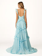 Hubery | A - Line Straps Sky Blue Chiffon Ruffles Long Prom Dress - KissProm