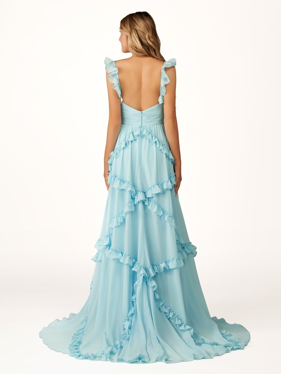 Hubery | A - Line Straps Sky Blue Chiffon Ruffles Long Prom Dress - KissProm
