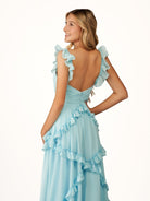 Hubery | A - Line Straps Sky Blue Chiffon Ruffles Long Prom Dress - KissProm