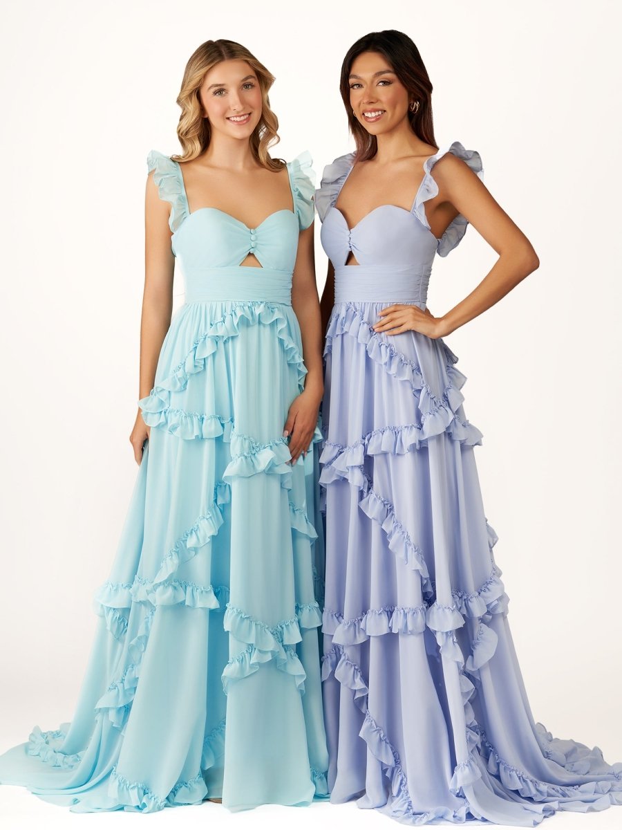 Hubery | A - Line Straps Sky Blue Chiffon Ruffles Long Prom Dress - KissProm