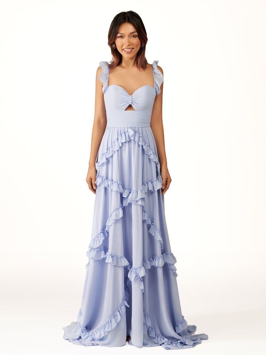 Hubery | A - Line Straps Sky Blue Chiffon Ruffles Long Prom Dress - KissProm