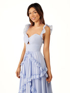 Hubery | A - Line Straps Sky Blue Chiffon Ruffles Long Prom Dress - KissProm