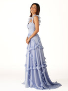 Hubery | A - Line Straps Sky Blue Chiffon Ruffles Long Prom Dress - KissProm