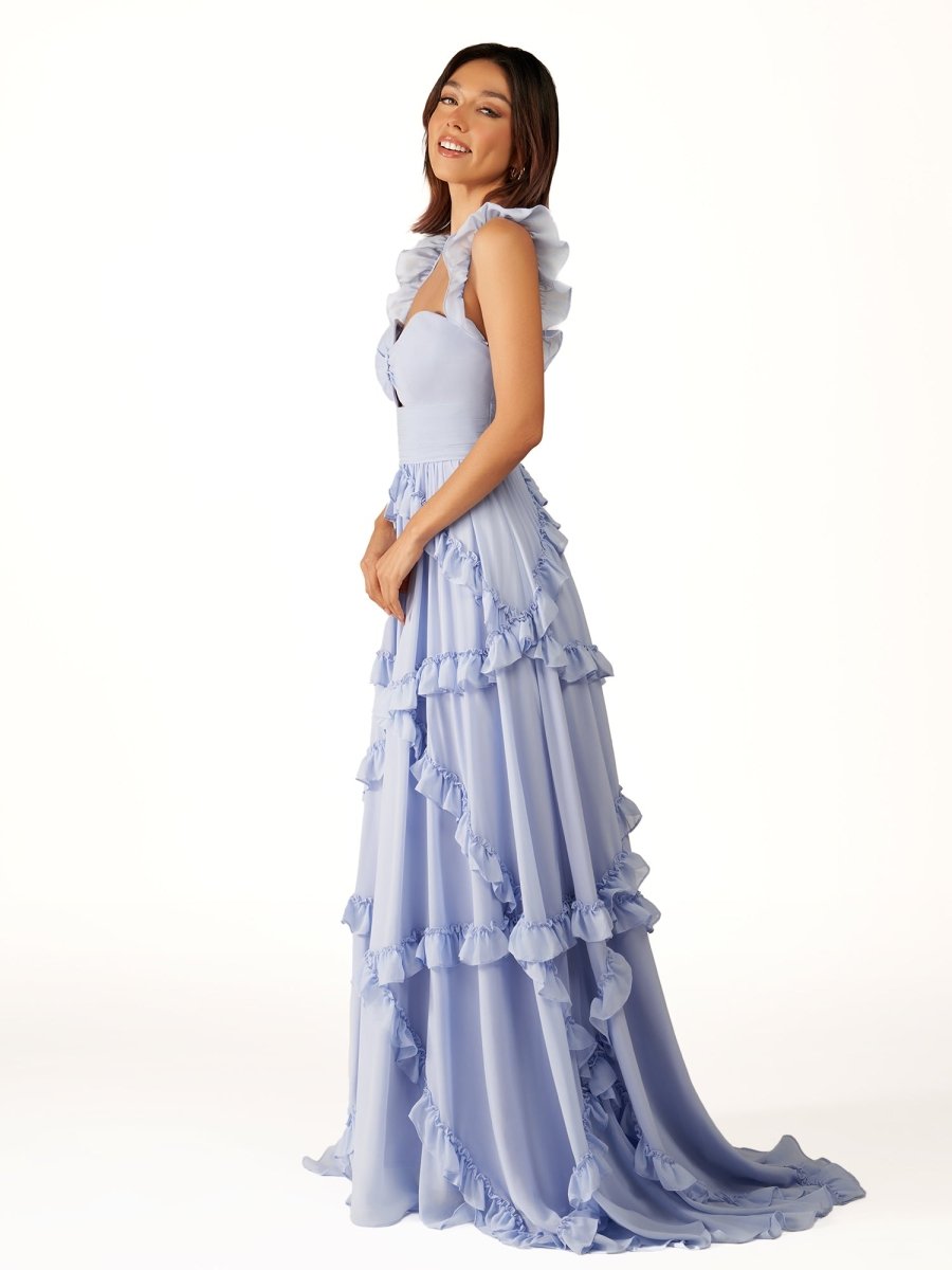Hubery | A - Line Straps Sky Blue Chiffon Ruffles Long Prom Dress - KissProm