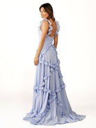 Hubery | A - Line Straps Sky Blue Chiffon Ruffles Long Prom Dress - KissProm