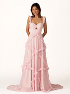 Hubery | A - Line Straps Sky Blue Chiffon Ruffles Long Prom Dress - KissProm