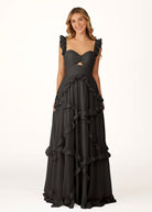 Hubery | A - Line Straps Sky Blue Chiffon Ruffles Long Prom Dress - KissProm