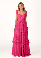 Hubery | A - Line Straps Sky Blue Chiffon Ruffles Long Prom Dress - KissProm