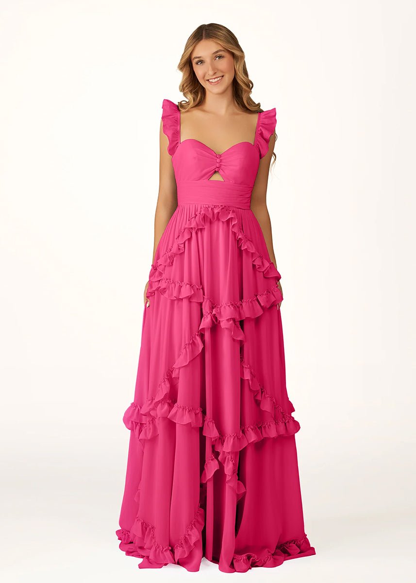 Hubery | A - Line Straps Sky Blue Chiffon Ruffles Long Prom Dress - KissProm