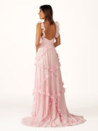 Hubery | A - Line Straps Sky Blue Chiffon Ruffles Long Prom Dress - KissProm