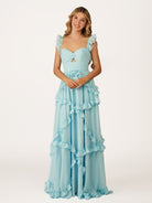 Hubery | A - Line Straps Sky Blue Chiffon Ruffles Long Prom Dress - KissProm