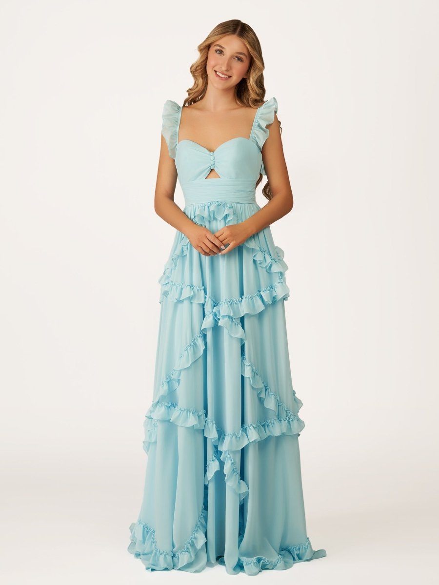 Hubery | A - Line Straps Sky Blue Chiffon Ruffles Long Prom Dress - KissProm
