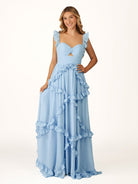 Hubery | A - Line Straps Sky Blue Chiffon Ruffles Long Prom Dress - KissProm