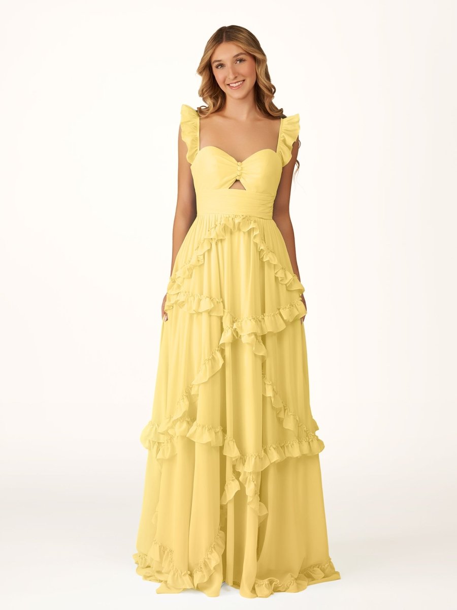 Hubery | A - Line Straps Sky Blue Chiffon Ruffles Long Prom Dress - KissProm
