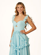 Hubery | A - Line Straps Sky Blue Chiffon Ruffles Long Prom Dress - KissProm