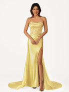 Idra | Emerald Green Beaded Strapless Applique Formal Dress with Slit - KissProm