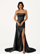 Idra | Emerald Green Beaded Strapless Applique Formal Dress with Slit - KissProm