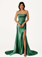 Idra | Emerald Green Beaded Strapless Applique Formal Dress with Slit - KissProm