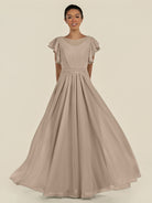 KissDress-Inea Almond A Line Chiffon Illusion Scoop Neck Long Bridesmaid Dress with Flutter Sleeves