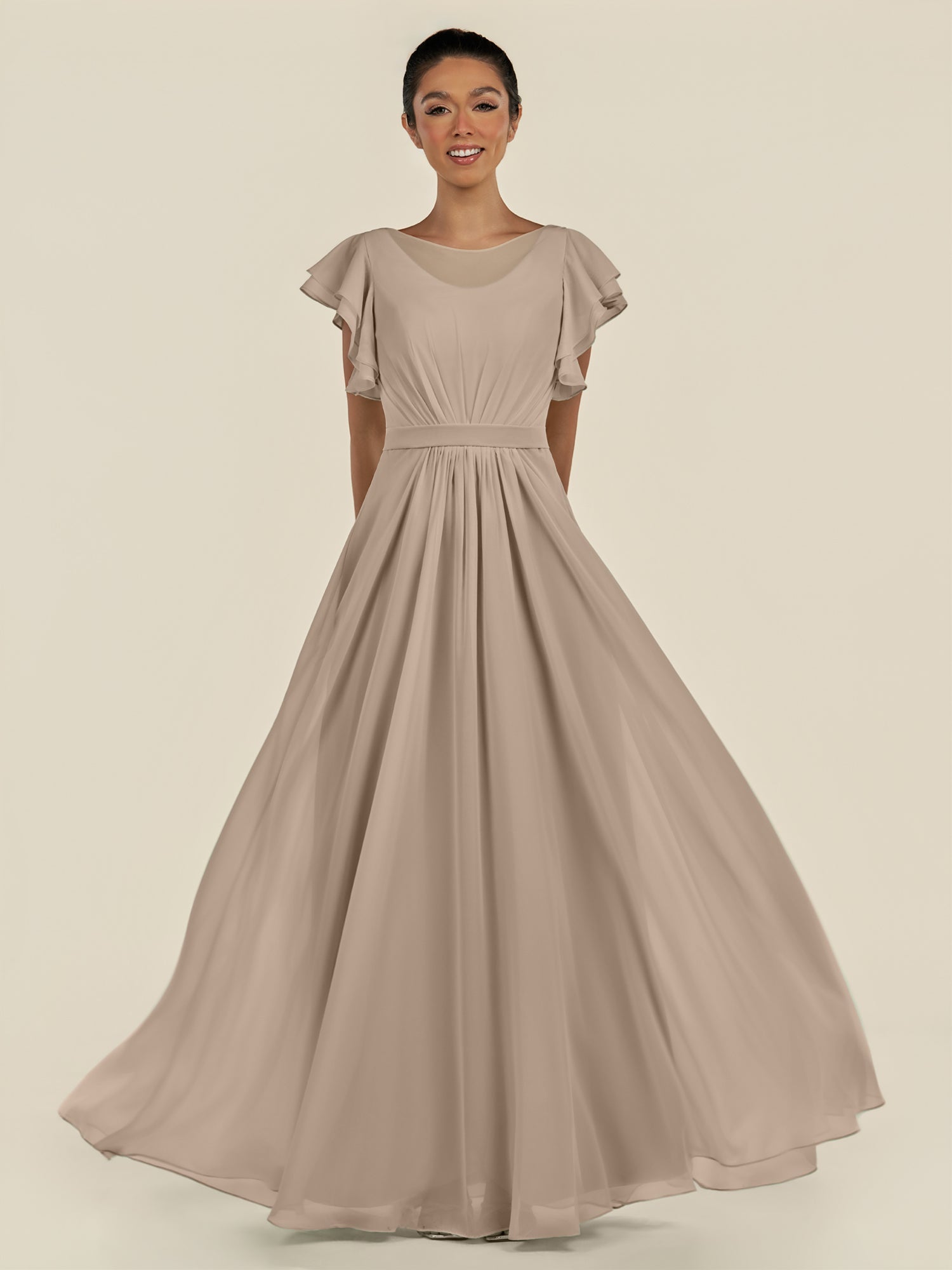 KissDress-Inea Almond A Line Chiffon Illusion Scoop Neck Long Bridesmaid Dress with Flutter Sleeves