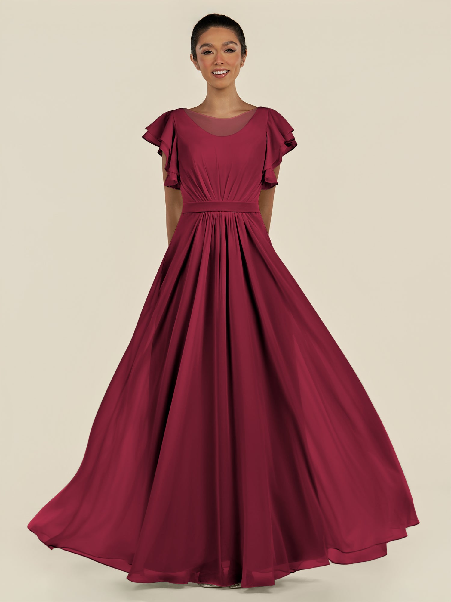 KissDress-Inea Berry A Line Chiffon Illusion Scoop Neck Long Bridesmaid Dress with Flutter Sleeves