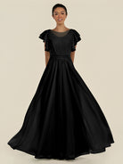 KissDress-Inea Black A Line Chiffon Illusion Scoop Neck Long Bridesmaid Dress with Flutter Sleeves