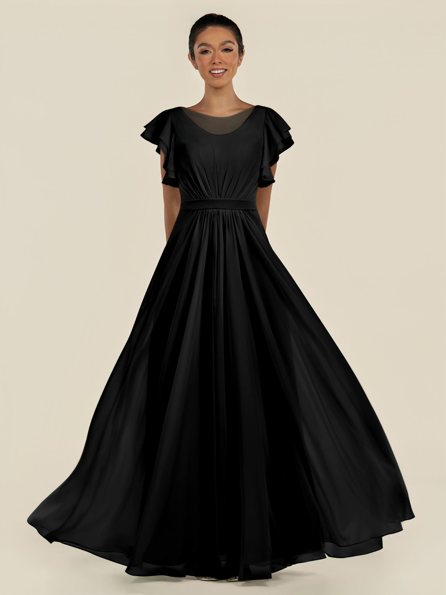 KissDress-Inea Black A Line Chiffon Illusion Scoop Neck Long Bridesmaid Dress with Flutter Sleeves