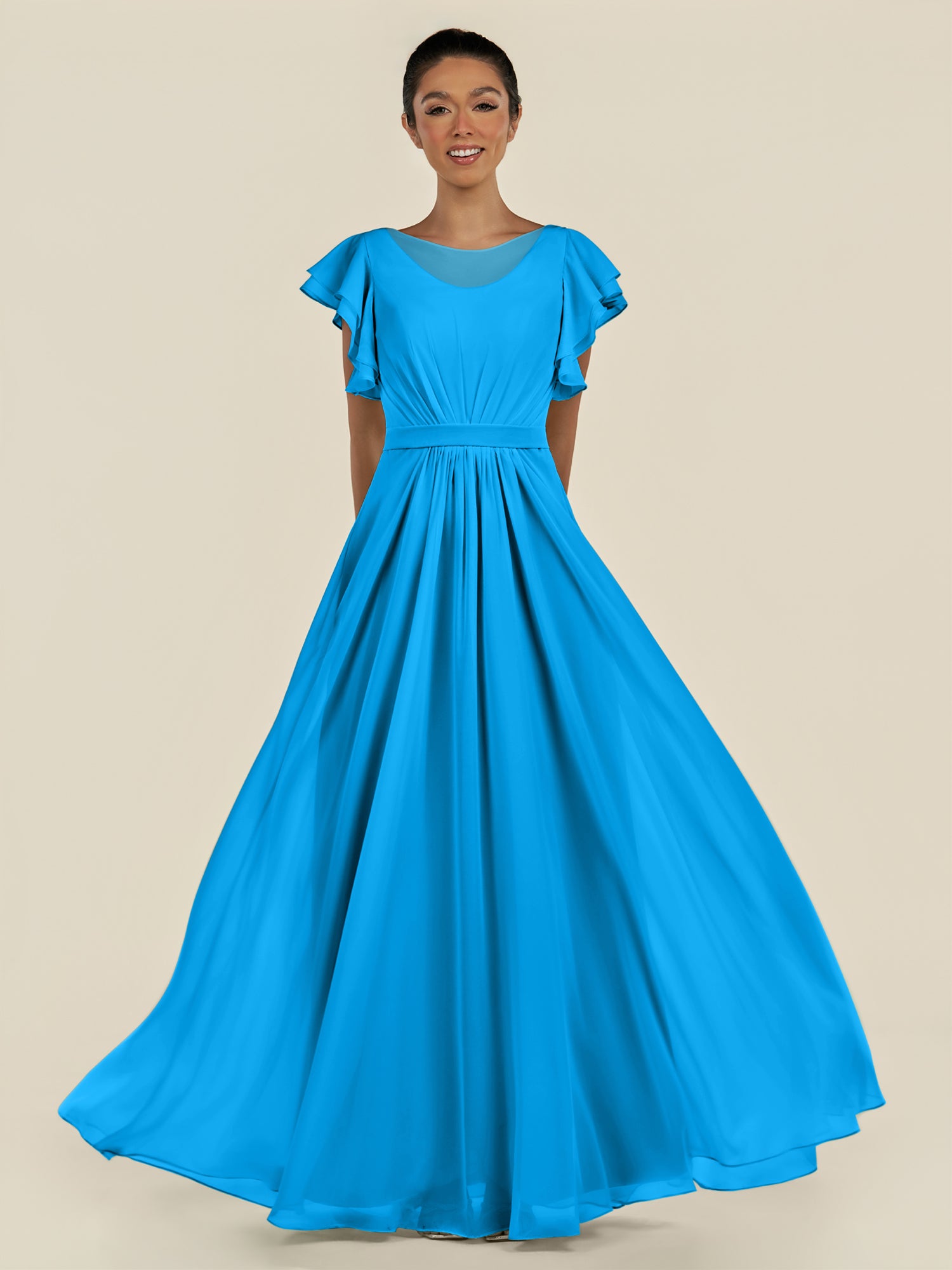 KissDress-Inea Blue Jay A Line Chiffon Illusion Scoop Neck Long Bridesmaid Dress with Flutter Sleeves