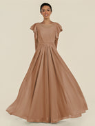 KissDress-Inea Bronzer A Line Chiffon Illusion Scoop Neck Long Bridesmaid Dress with Flutter Sleeves