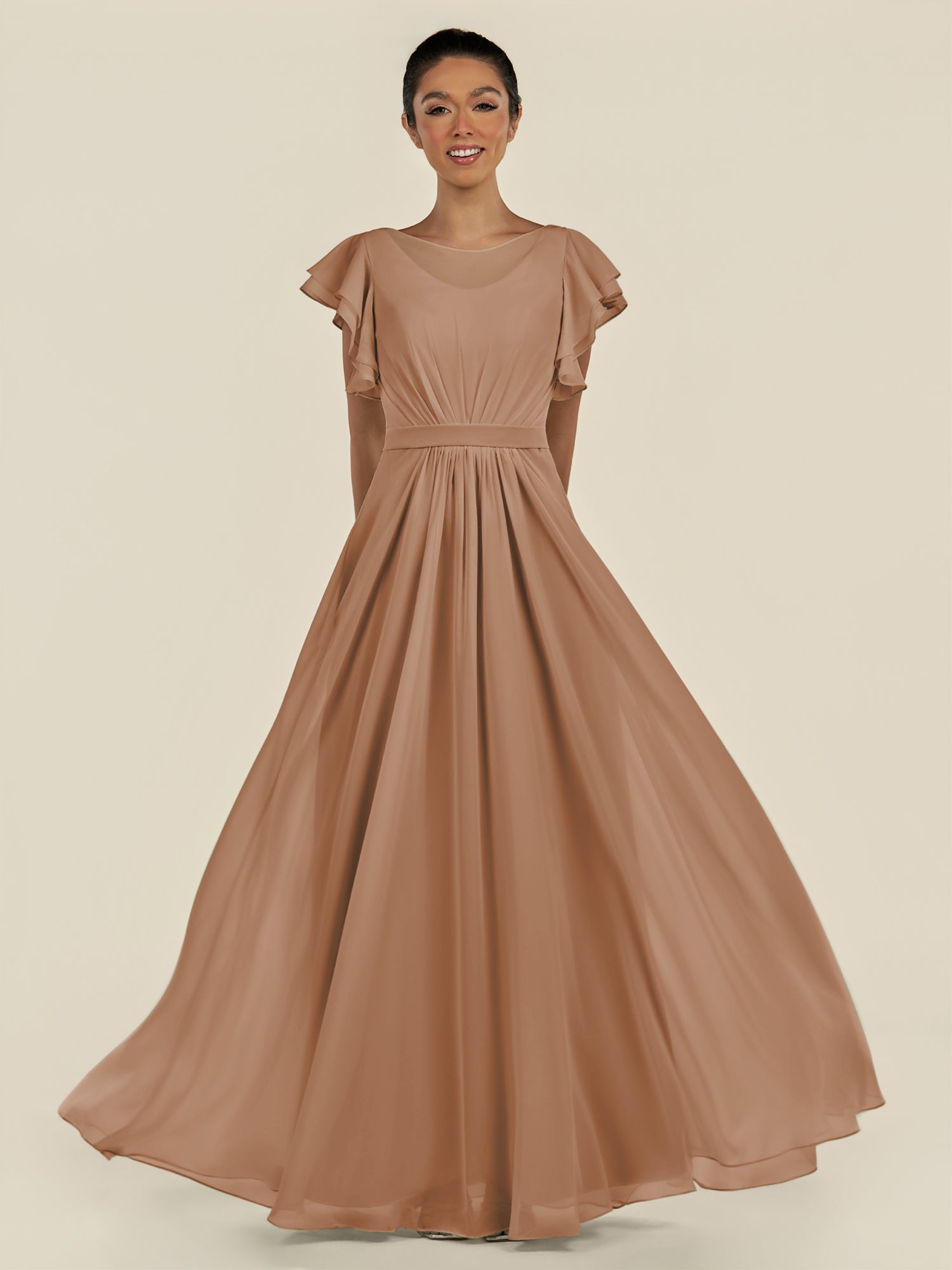 KissDress-Inea Bronzer A Line Chiffon Illusion Scoop Neck Long Bridesmaid Dress with Flutter Sleeves