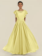 KissDress-Inea Buttercup A Line Chiffon Illusion Scoop Neck Long Bridesmaid Dress with Flutter Sleeves