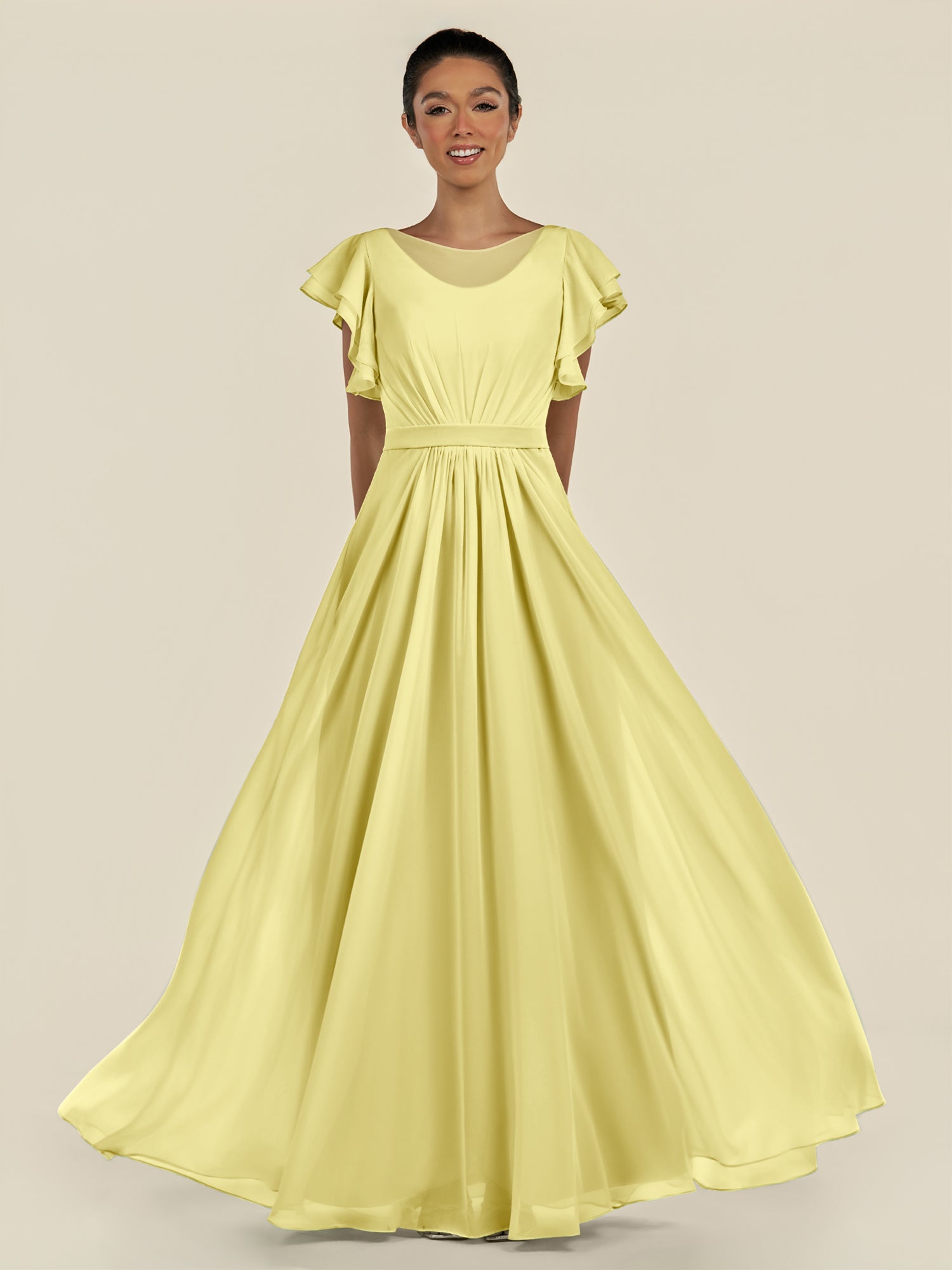 KissDress-Inea Buttercup A Line Chiffon Illusion Scoop Neck Long Bridesmaid Dress with Flutter Sleeves