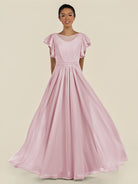 KissDress-Inea Candy Pink A Line Chiffon Illusion Scoop Neck Long Bridesmaid Dress with Flutter Sleeves