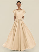 KissDress-Inea Champagne A Line Chiffon Illusion Scoop Neck Long Bridesmaid Dress with Flutter Sleeves