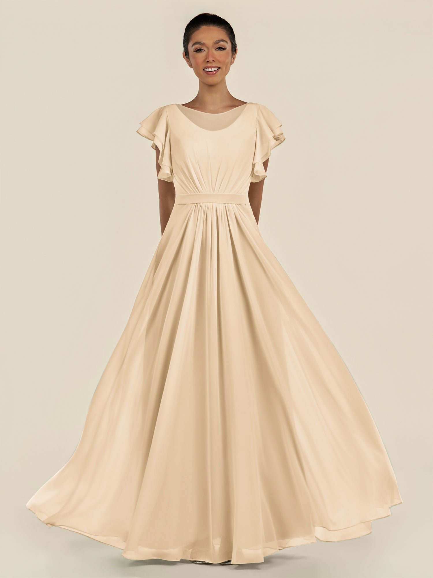 KissDress-Inea Champagne A Line Chiffon Illusion Scoop Neck Long Bridesmaid Dress with Flutter Sleeves